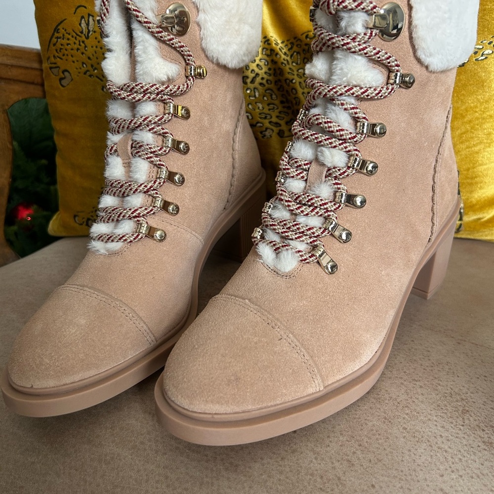 Kate Spade Beige Lace Up Boots with White Fur